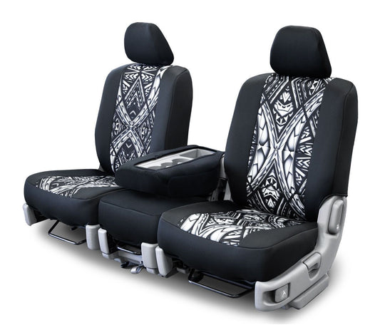 Mercedes 300 E tribal polynesian custom seat covers in poly-tribal black